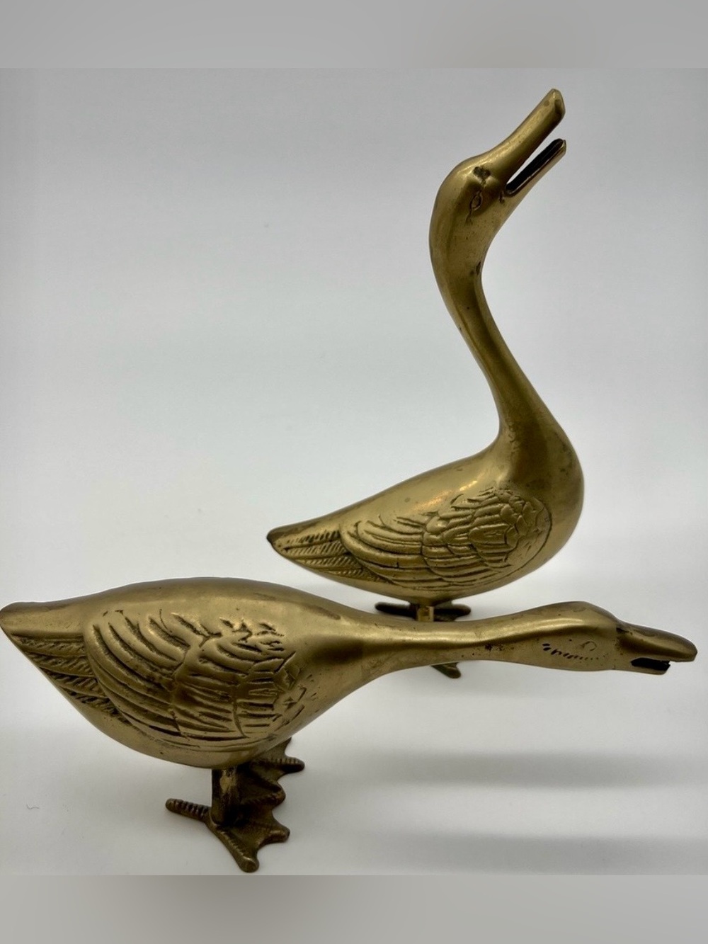 Vintage Brass Goose Figurine Pair - Decorative Heavy Brads Waterfowl